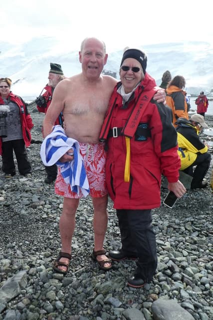 Al and Mary Jane Cook at a polar plunge in Antarctica.